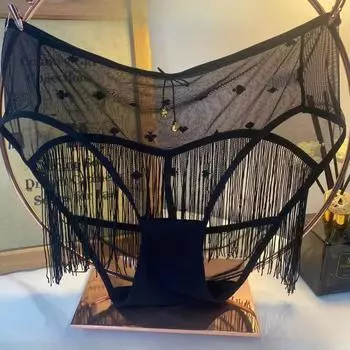 Нижнее белье большого размера с кисточками персикового цвета, сексуальное кружевное нижнее белье для женщин с выдолбленными трусиками, облегающими бедра, треугольными трусиками XXL