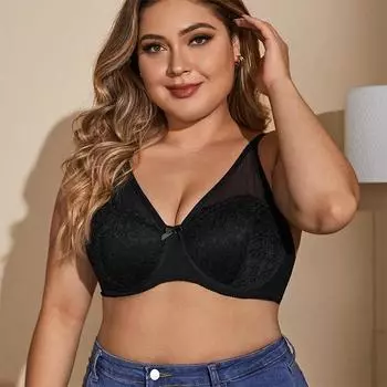 Нижнее белье большого размера, женский ультратонкий полупрозрачный кружевной бюстгальтер со стальным кольцом DE, бюстгальтер с большой чашкой 85C чёрный