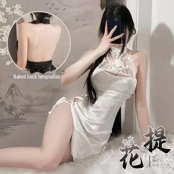 Нижнее белье-чеонгсам Feimu с высоким разрезом и жаккардовыми бретельками и ажурным дизайном - Пижама в старинном стиле One Size