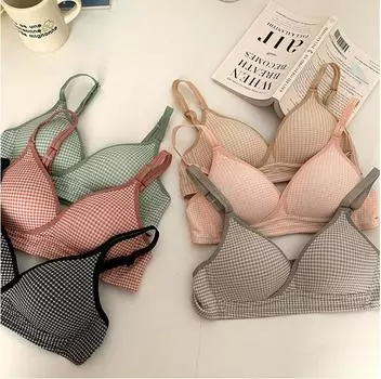 Нижнее белье для девочек, онлайн-версия, многоэлементное студенческое нижнее белье в клетку, антилегкий бюстгальтер с треугольными чашками и небольшой грудью 70 серый