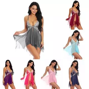 Нижнее белье для женщин с закрытием спереди Кружева Babydoll V-образным вырезом Сетчатое белье для сна S серый