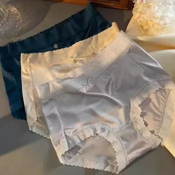 Нижнее белье Ice Silk для женщин без следов с высокой талией, большого размера, из чистого хлопка, антибактериальная кружевная кайма, сексуальные дышащие трусики M чёрный