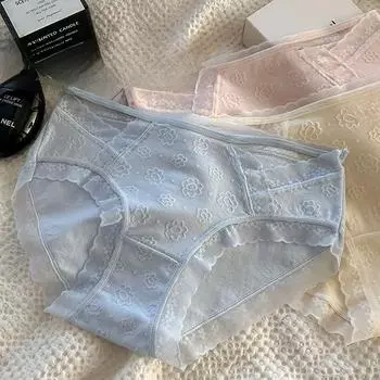 Нижнее белье из чистого хлопка для девочек класса А, трусы со средней талией, женские кружевные трусики-треугольники Pure Desire Style 5A с антибактериальным покрытием M белый