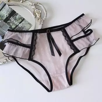 Нижнее белье из чистого кружева для женщин, сексуальное нижнее белье со средней талией, черное сетчатое дышащее белье с вырезом для бедер, быстросохнущее one size чёрный