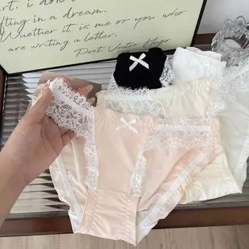 Нижнее белье из чистого кружева во французском стиле для женщин, дышащие бесшовные сексуальные трусики-треугольники из чистого хлопка с низкой талией M чёрный