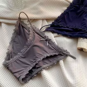 Нижнее белье из ледяного шелка, женские бикини в Европе и Америке, с низкой талией, сексуальные кружевные трусы с галстуком-бабочкой, большие размеры, женское нижнее белье M темно-синий