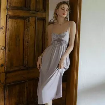 Нижнее белье летнее ночное платье с бантом милая однотонная длинная юбка без рукавов V-образный вырез сексуальная пижама для женщин M
