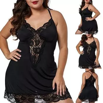 Нижнее белье Платье Кружева Большие размеры Лоскутное платье с V-образным вырезом Ночное платье XL красный