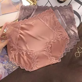 Нижнее белье с атласной кружевной кромкой, средней и высокой талией, бесшовное, сексуальное, антибактериальное, поднимающее промежность, дышащие, треугольные трусики L чёрный