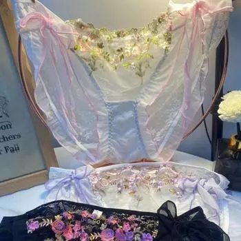 Нижнее белье с цветочным принтом, свободного покроя, с сексуальными бретельками, кружевными краями, прозрачной сеткой, мягкими, удобными, дышащими, легкими, с вышивкой, треугольными трусиками 4XL чёрный