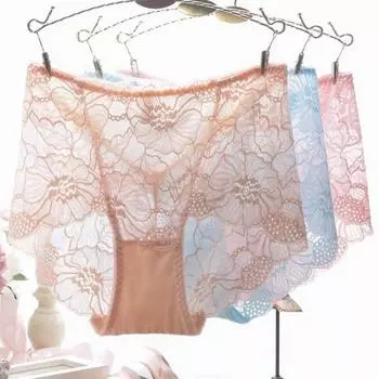 Нижнее белье с кружевом, женские жаккардовые трусы со средней талией и полой сеткой, прозрачные сексуальные трусы большого размера L белый