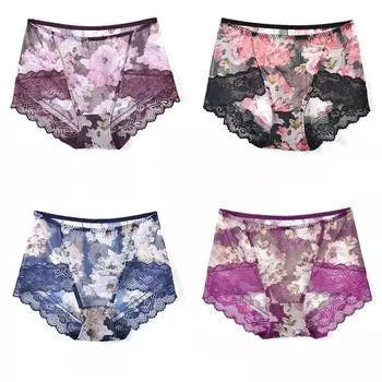Нижнее белье с принтом из кружева, женское, со средней талией, бесшовное, с сеткой, большого размера, антибактериальное, сексуальное, дышащее, треугольное, осень-зима M бордовый
