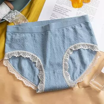 Нижнее белье с пузырьковой кружевной подшивкой для женщин, хлопковые брюки с промежностью, треугольные брюки с мягкой и сексуальной талией для девочек one size синий