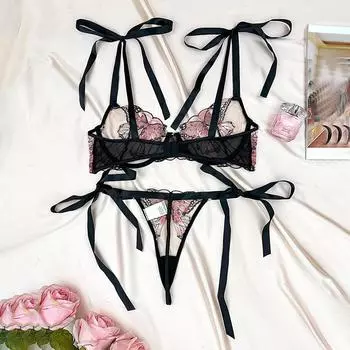 Нижнее белье с ремешками для секса, трехточечный сексуальный прозрачный кружевной вышитый комплект на бретельках S