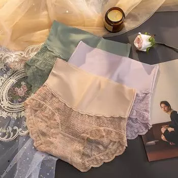 Нижнее белье с высокой талией для женщин из чистого хлопка с промежностью из ледяного шелка, кружево больших размеров, сексуальные бесшовные треугольные трусики M белый