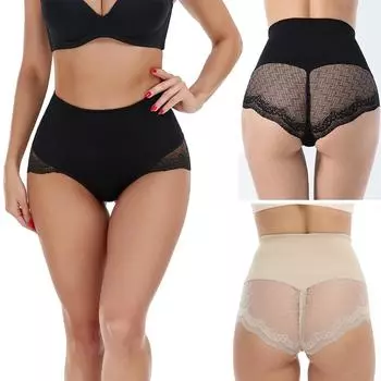 Нижнее белье с высокой талией для женщин, бесшовные трусики, дышащие кружевные утягивающие трусики, утягивающие трусики, утягивающие трусики, корректирующие фигуру M/L телесный