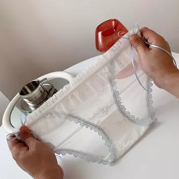 Нижнее белье Сексуальные трусы Кружевное нижнее белье Сетка с бантом Женское нижнее белье Игривое чистое искушение Лента Полупрозрачные трусики с заниженной талией Треугольные трусики M