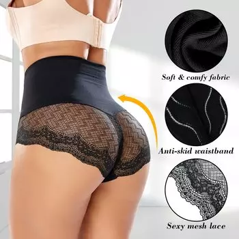 Нижнее белье со шнуровкой для контроля живота и высокой талией для женщин, корректирующее белье, трусики с кружевными шортами для коррекции ягодиц 3XL чёрный
