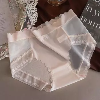 Нижнее белье со средней талией, сексуальные кружевные антибактериальные трусы из ледяного шелка, женские треугольные трусики M чёрный