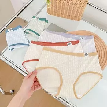 Нижнее белье, трусики в клетку, женские трусы, тонкие дышащие треугольные шорты со средней талией для девочек One Size