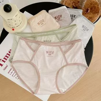 Нижнее белье в полоску, женские трусики, антибактериальные, не оставляющие следов, удобные трусы со средней талией One Size