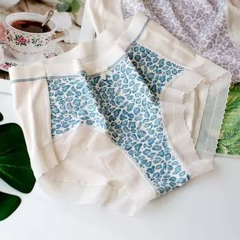 Нижнее белье в стиле пэчворк, трусики со средней талией с леопардовым принтом, женские треугольные брюки с бантом, кружевные, кружевные, с запахом бедра, дышащие, удобные трусики One Size синий