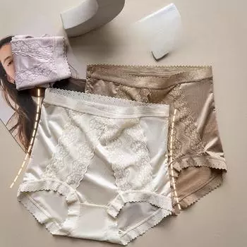Нижнее белье Женские трусы больших размеров Эластичные компрессионные трусики с высокой талией Треугольные трусики Шелковое кружево с промежностью Бесшовное нижнее белье Дышащее M золотой