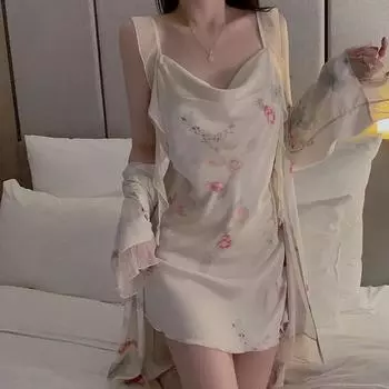 Нижнее белье женский костюм цветочный принт сетка лента шампанское спинка сексуальная пижама пижама для женщин M