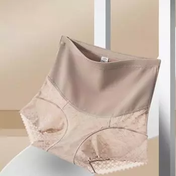 Нижнее белье женское бесшовное с высокой талией, эластичное, большого размера, с подтяжкой бедер, корректирующее фигуру, сетчатые кружевные треугольные трусики M кофейный