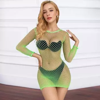 Нижнее белье Женское мини-платье Горячее порно 18 Новое рыболовная сеть Цельное забавное нижнее белье Длинные рукава Тедди Боди Сексуальное женское белье S