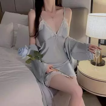 Нижнее белье женское повседневное однотонное мини-платье с глубоким V-образным вырезом из атласа и кружева с подкладкой, осенний повседневный комплект из 2 предметов M