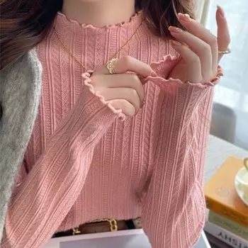 Нижнее пальто для женщин, полувысокий воротник, черный грибной край, вязаный свитер с длинными рукавами, тонкий свитер, модный и милый S