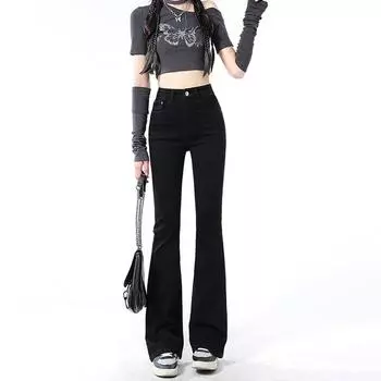 Нижние джинсы, узкие эластичные расклешенные джинсы с заниженной талией, женские джинсовые джинсы и одежда S чёрный