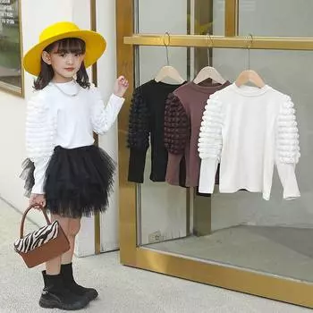 Нижняя рубашка для девочек, новые футболки с длинными рукавами, детская футболка с пышными рукавами для девочек, весенне-осенние детские топы с круглым воротником 2T(90) чёрный