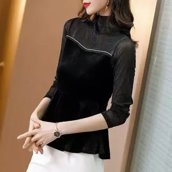 Нижняя рубашка для женщин, осень-зима, золотой бархатный топ с длинными рукавами, черная яркая шелковая футболка с высоким воротником, M-4XL L чёрный