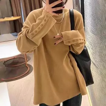 Нижняя рубашка кофейного цвета, женская осенне-зимняя внутренняя футболка с длинными рукавами, свободный топ средней длины XXL белый