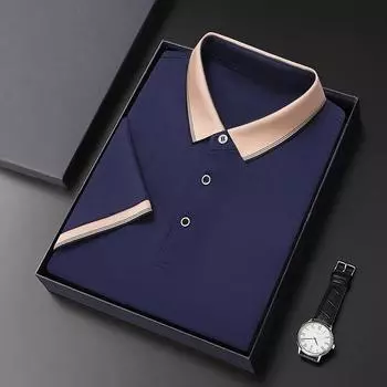 Нижняя рубашка Мужская однотонная рубашка поло с короткими рукавами Деловая футболка с лацканами Среднего и синего цвета Верх с короткими рукавами M