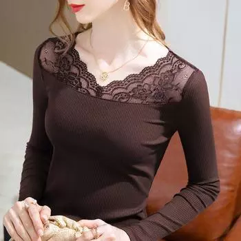 Нижняя рубашка с длинными рукавами, весенне-осенняя новая женская футболка с v-образным вырезом, однотонная, облегающая, кружевная, в стиле пэчворк, топ M-3XL XXXL кофейный