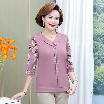 Нижняя рубашка с лацканами для мамы, женская рубашка среднего возраста с темпераментным принтом и шифоновыми рукавами, весенне-осенняя вязаная футболка 5XL 5XL синий