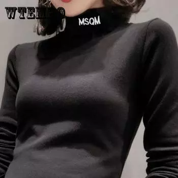 Нижняя рубашка с полуводолазкой с вышивкой, осенне-зимняя корейская футболка с длинными рукавами, женский тонкий топ XXXL