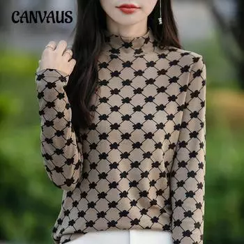 Нижняя рубашка с принтом в клетку, полувысокий ворот, облегающий внутренний женский топ на осень M