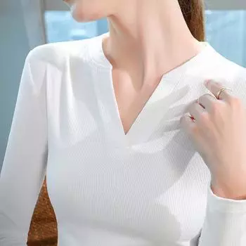 Нижняя рубашка женская модная омолаживающая иностранная модель топ с V-образным вырезом однотонная тонкая футболка с длинными рукавами внутренняя часть S белый