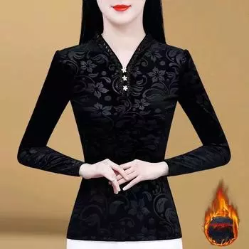 Нижняя рубашка женская новая зимняя черная тонкая рубашка темперамент длинный рукав теплая внутри с большим размером футболки верх M