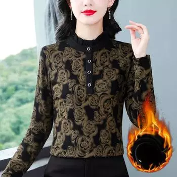 Нижняя рубашка женская полуводолазка зимняя новая бархатная утолщенная иностранного стиля грибок кромка мама футболка верх M