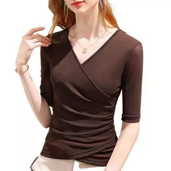 Нижняя рубашка женская весенняя женская с рукавом Футболка темперамент с коротким рукавом S коричневый