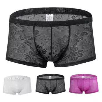 Низкая талия эластичная линия талии мужские трусы U выпуклые тонкие бесшовные крючком кружева прозрачные шорты 2XL