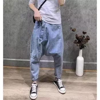 Низкая талия длиной до щиколотки Мешковатые шаровары с заниженным шаговым швом Узкие джинсы для мужчин и женщин свободные широкие уличные джинсовые брюки-бойфренды джинсовые брюки больших размеров S чёрный