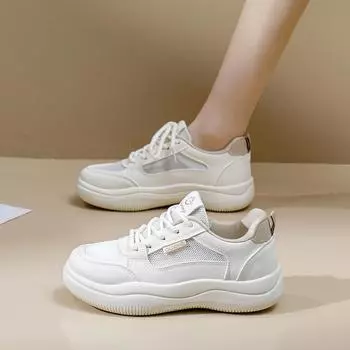 Низкие дышащие белые туфли для женщин, новые весенние туфли с большой головкой, повседневные кроссовки на толстой подошве 35 бежевый
