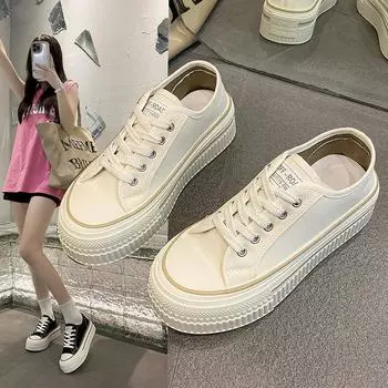 Низкие парусиновые туфли женские 2025 летняя новая ретро-одежда дышащие бисквитные туфли на толстой подошве студенческие женские туфли 35