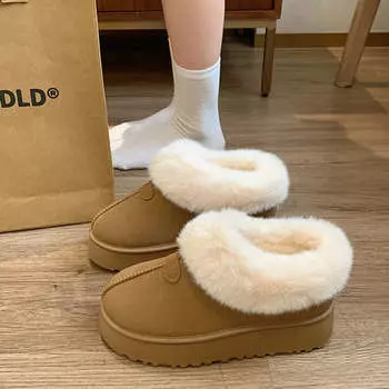 Низкие пушистые зимние ботинки женские зимние 2025 новые нескользящие ботинки на толстой подошве с набивкой и утолщением из теплого хлопка 35